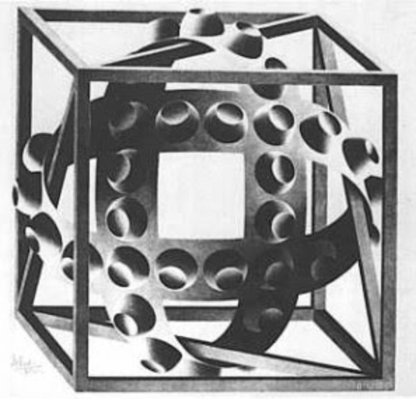 One of Escher's most influential pieces: Cube With Magic Ribbons