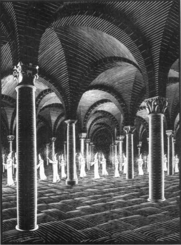 One of Escher's most influential pieces: Procession in Crypt